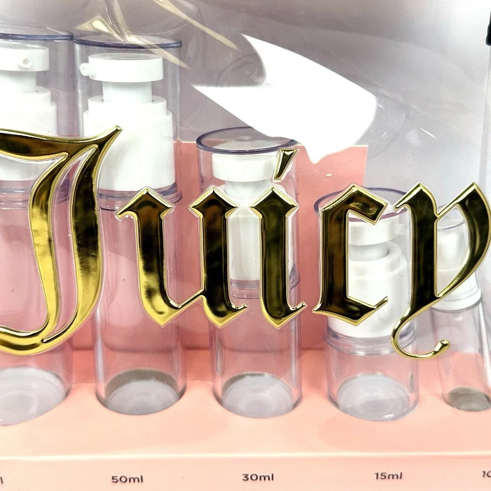 Juicy Couture TSA Approved Travel Bottle Set Clear Cosmetic Bag 5 Bottles
